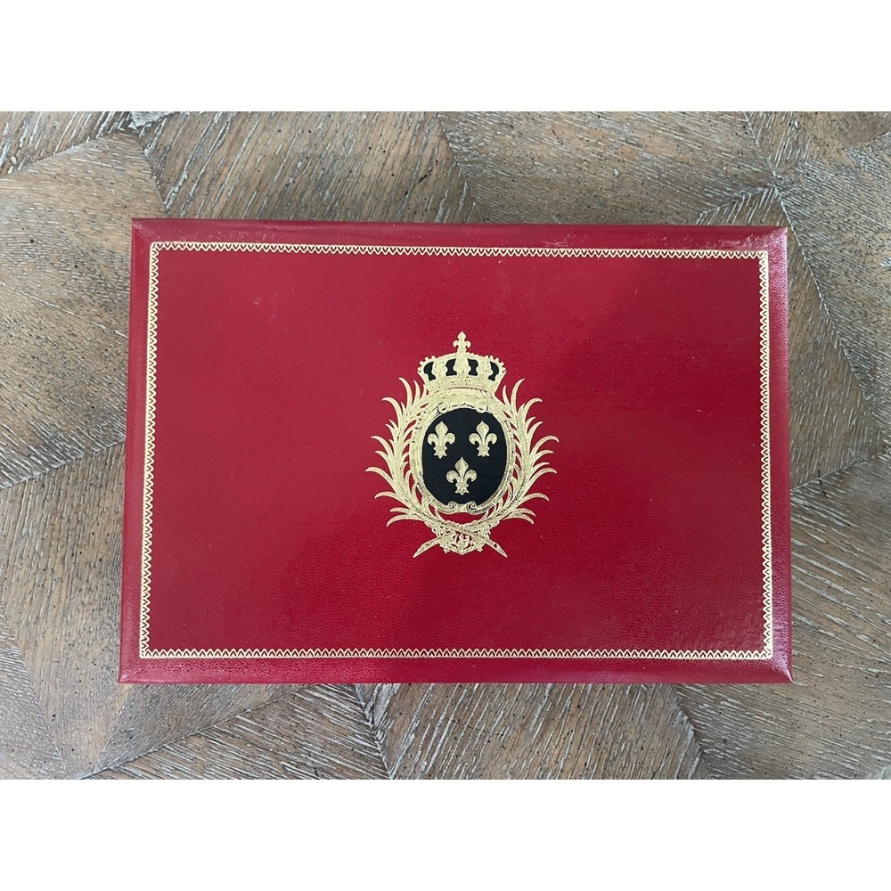 Vtg Red Leather Swank Men's Valet Cufflink Jewelry Box Sweden Fleur de Lis Crest